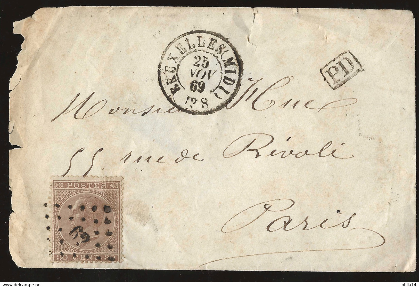 ENVELOPPE 30c LEOPOLD / BRUXELLES POUR PARIS / 25 NOV 1869 / LSC - 1869-1883 Léopold II