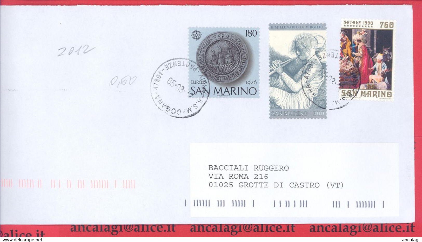 SAN MARINO 2012 - St.Post.087 - Busta Ordinaria Affrancatura Con 3v. In Lire 1230  - Vedi Descrizione - - Storia Postale