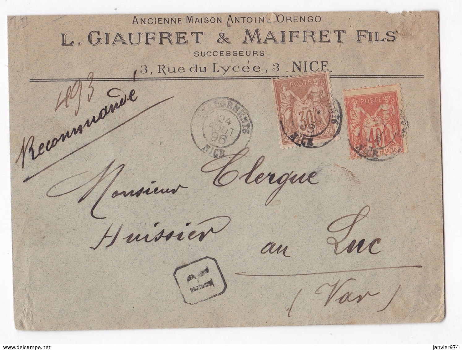 Enveloppe 1896 Ancienne Maison Antoine Orengo , L. Giaufret & Maifret Fils Successeurs Nice . - 1876-1898 Sage (Type II)