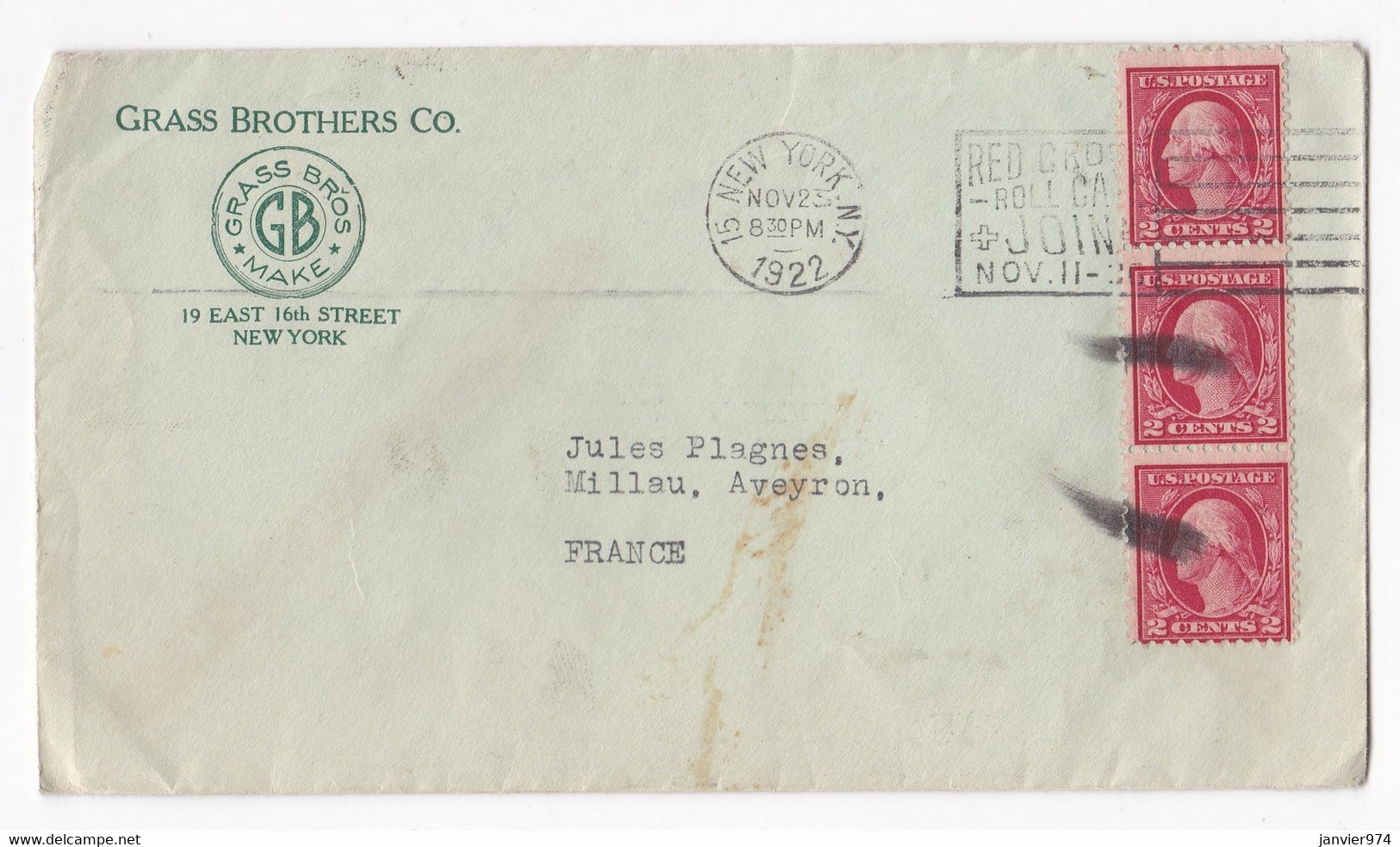 Enveloppe 1922 Grass Brothers Co New York  Pour Millau Aveyron France - Lettres & Documents