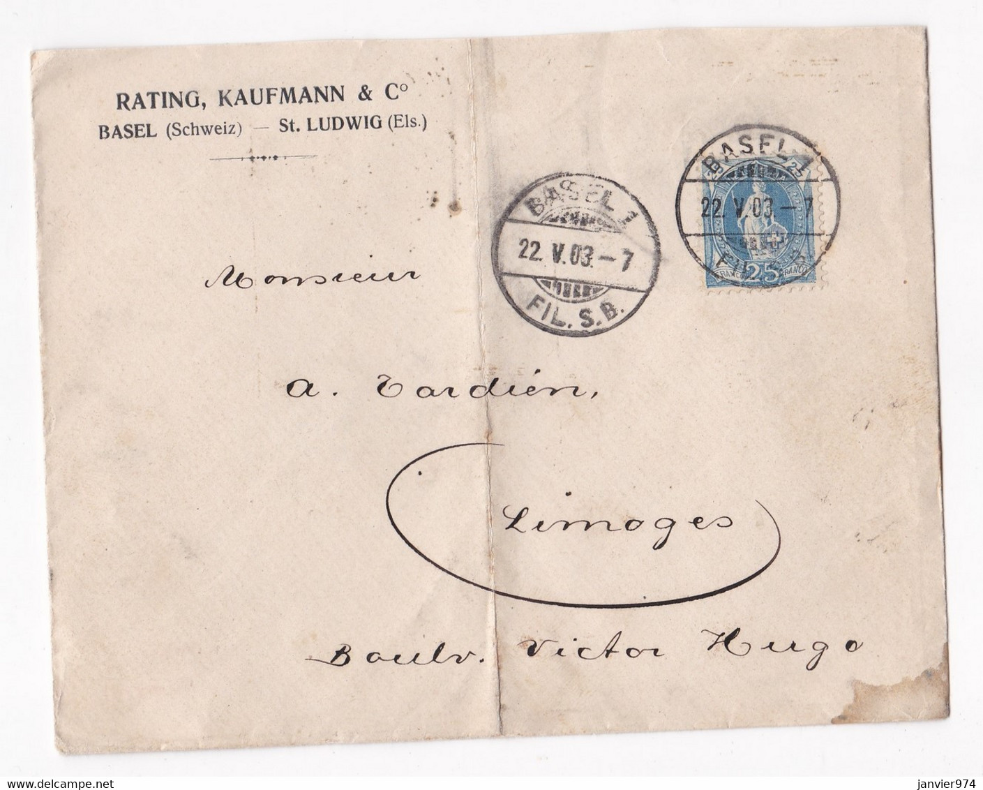 Enveloppe 1903 Rating, Kaufmann & Co Basel Pour Limoges - Briefe U. Dokumente