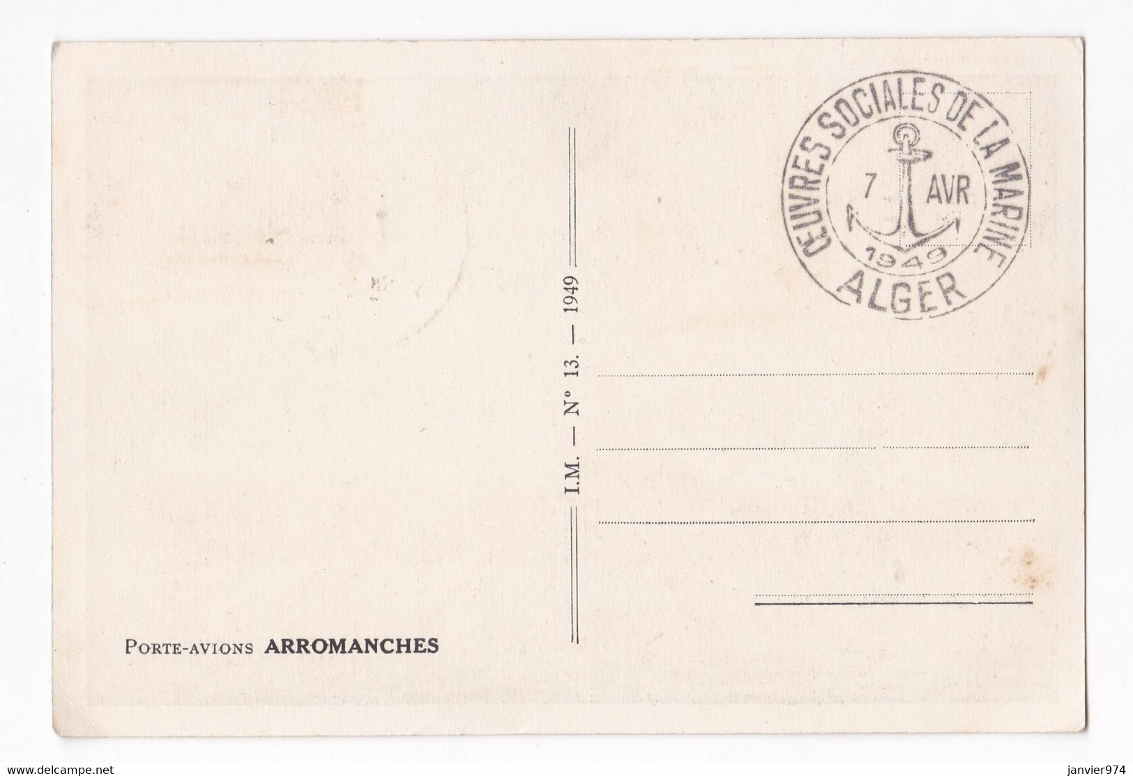 Carte Postale 1949 Porte Avion Arromanches , Œuvres Sociales De La Marine Alger - Autres & Non Classés