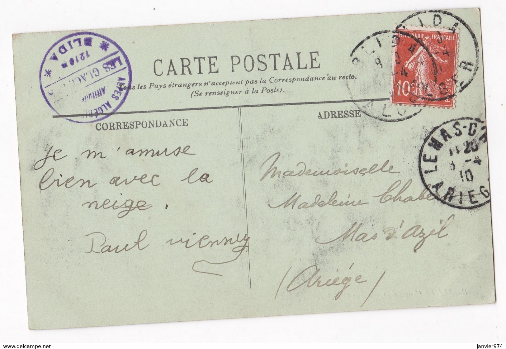 Carte Postale Blida ,Les Environs , Les Glacières , La Reine Bleu ,1910  Alger Pour Mas Azil Ariège - Blida