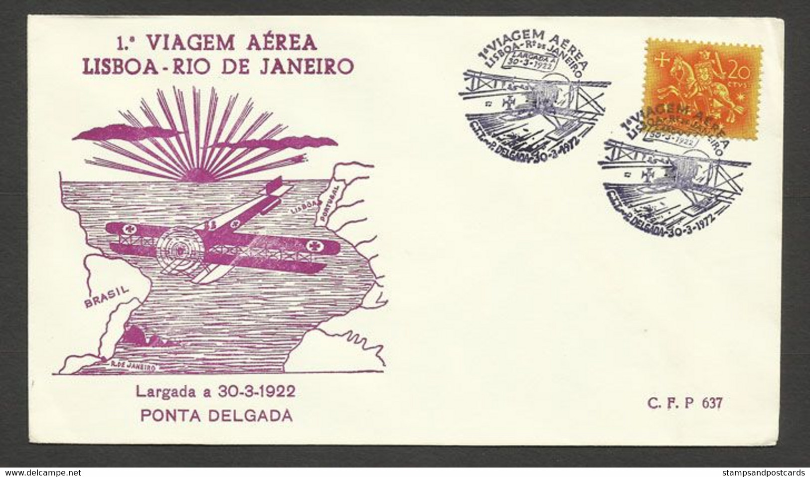 Portugal 50 Ans 1º Traversée Par Avion Atlantique Sud Gago Coutinho Cachet Commemoratif Ponta Delgada Açores Azores 1972 - Flammes & Oblitérations