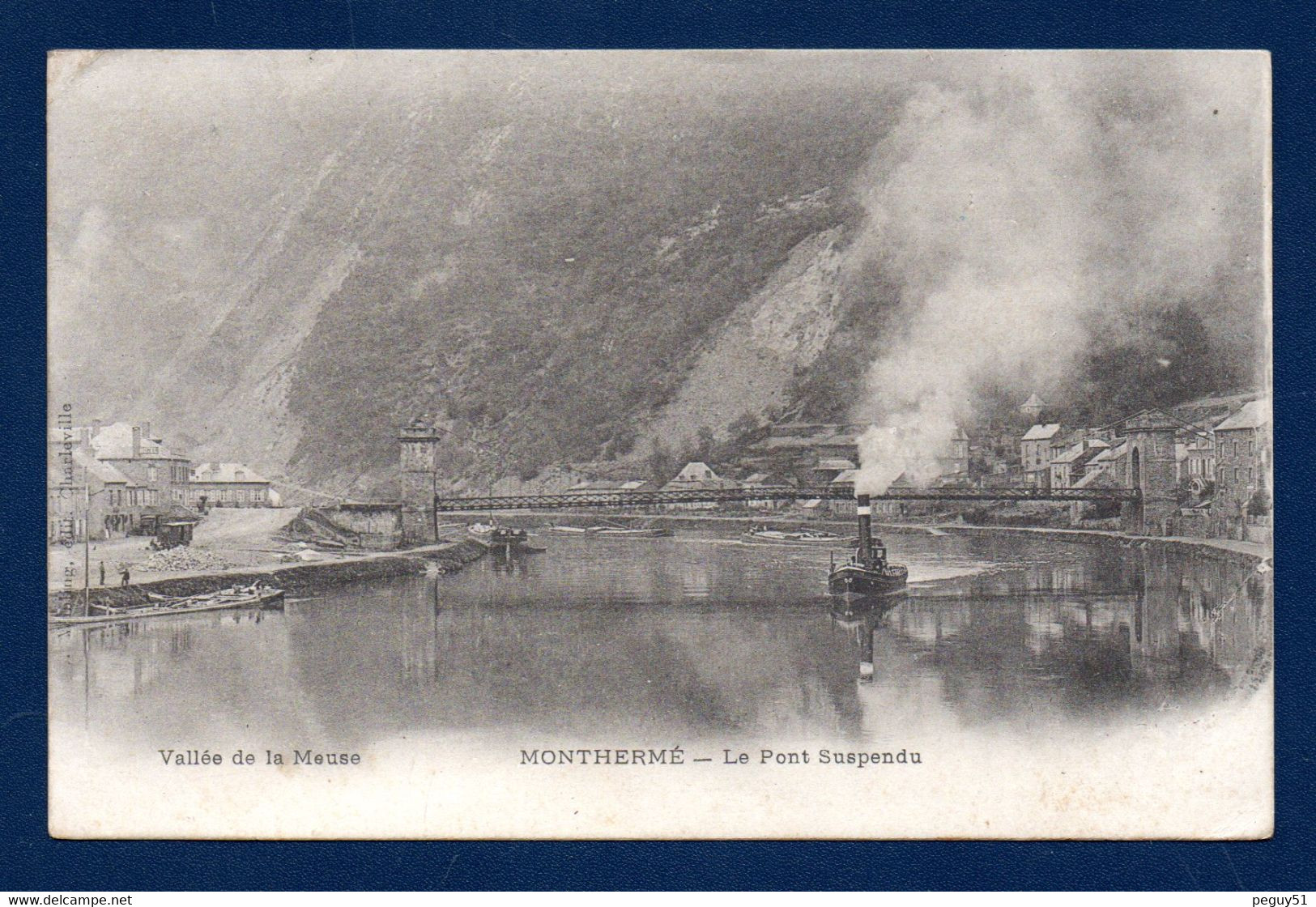 08. Vallée De La Meuse. Monthermé. Le Pont Suspendu( 1838). Remorqueur Tirant Deux Péniches. Hôtel. 1907 - Montherme