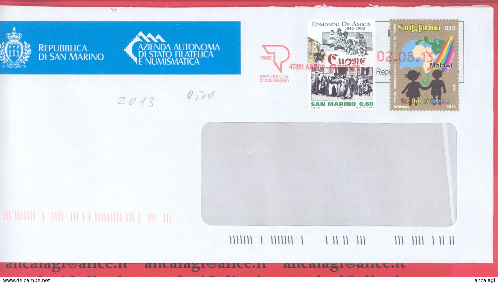 SAN MARINO 2013 - St.Post.090 - Busta Ordinaria Affrancatura Con 2v. In € 0,70 - Vedi Descrizione - - Storia Postale