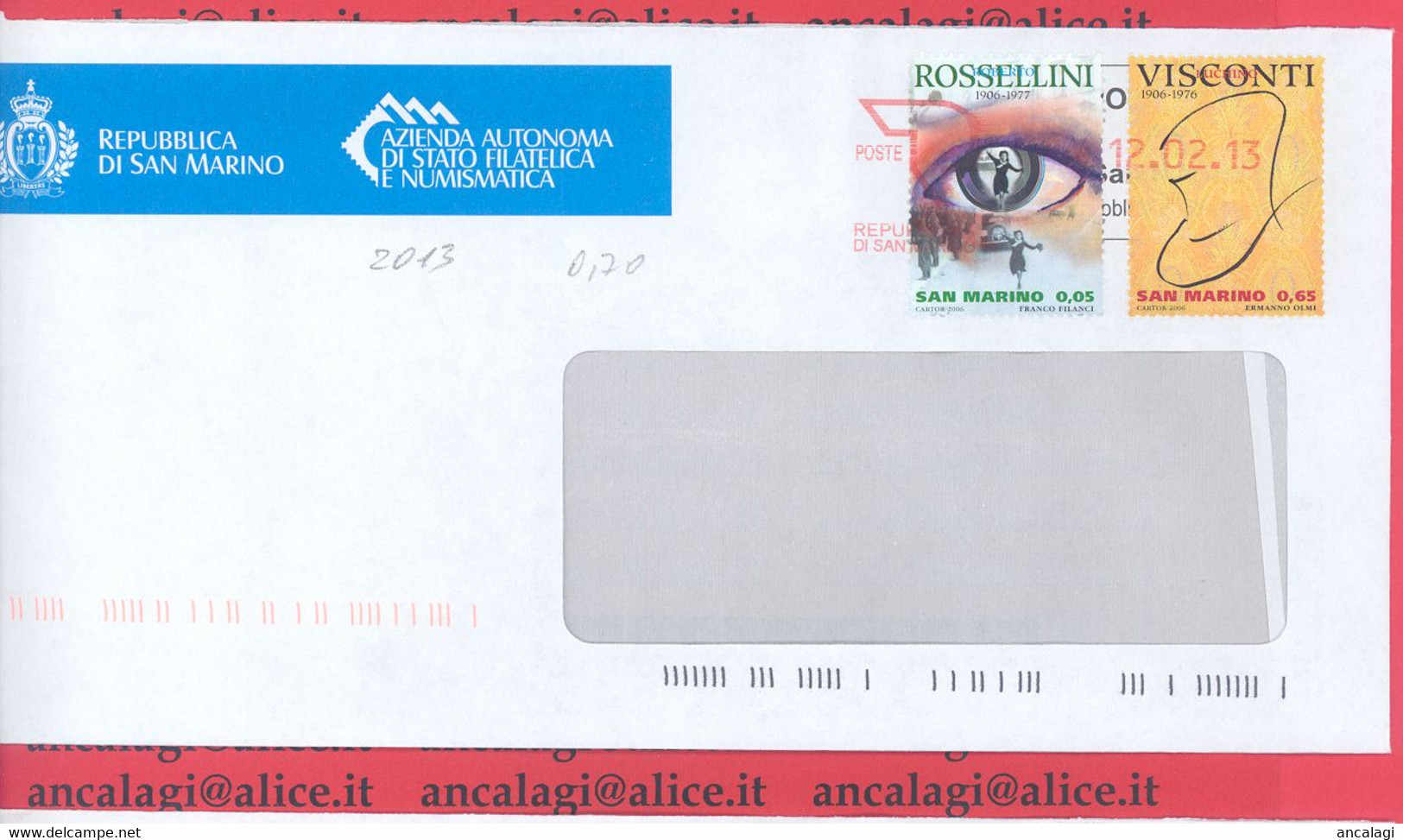 SAN MARINO 2013 - St.Post.091 - Busta Ordinaria "CINEMA" Con 2v. In € 0,70 - Vedi Descrizione - - Storia Postale