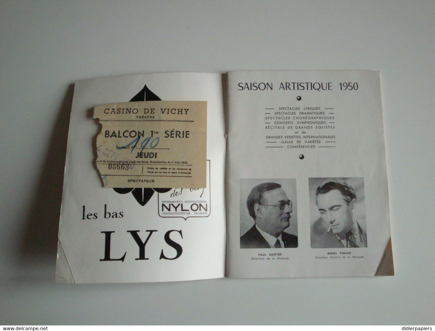 Programme Théâtres Du Casino ,Vichy,saison 1950,spectacles Lyriques,symphoniques,variétés - Programme