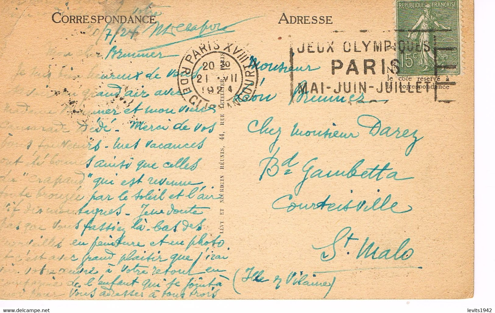 JEUX OLYMPIQUES 1924 -  MARQUE POSTALE - TENNIS - EQUITATION -  HALTEROPHILIE - JOUR DE COMPETITION - 21-07 - - Summer 1924: Paris