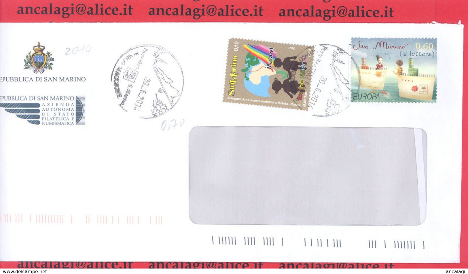 SAN MARINO 2014 - St.Post.096 - Busta Ordinaria Affrancata Con 2v. In € 0,70 - Vedi Descrizione - - Storia Postale