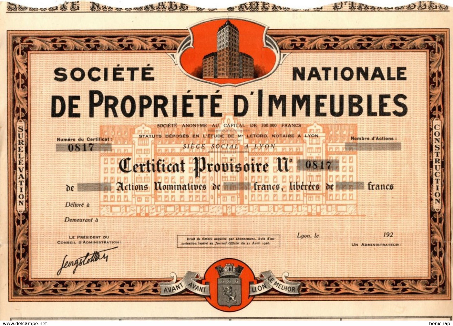 Société Nationale De Propriété D'Immeubles - Surélévation - Construction - Certificat Provisoire N° 0817 - Lyon. - Industrie