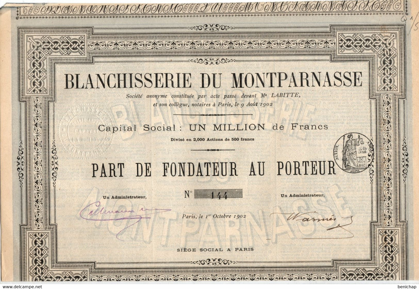 Blanchisserie Du Montparnasse S.A.- Part De Fondateur Au Porteur - Paris Octobre 1902. - Textiel