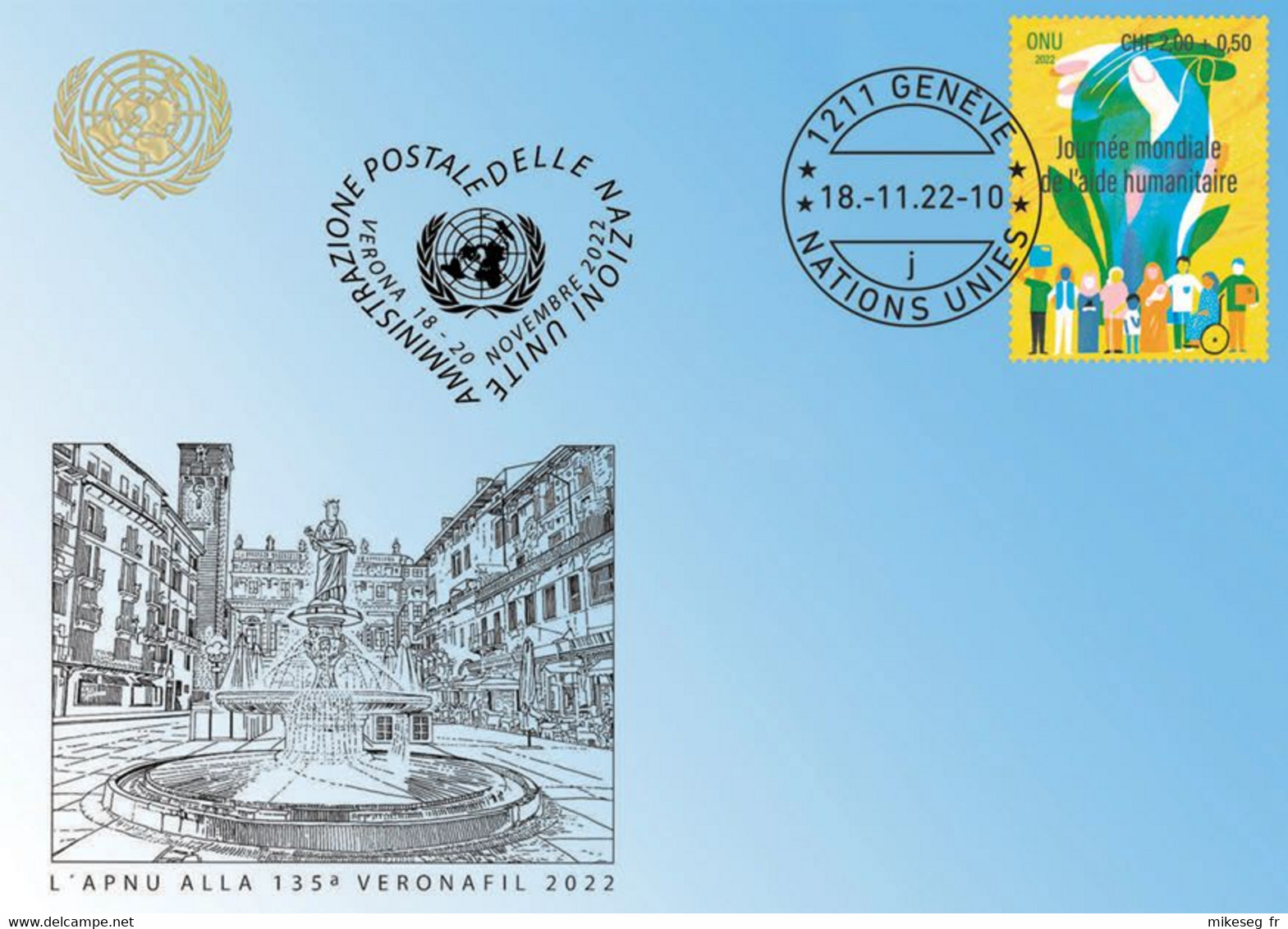ONU Genève 2022 - Blue Card Veronafil Verona 18-20 Novembre 2022 - Timbre Aide Humanitaire - Cartes-maximum
