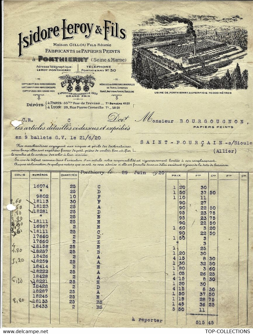 1920 ISIDORE LEROY St Fargeau  Ponthierry Seine Et Marne FABRICANTS DE PAPIERS PEINTS => Bourgougnon St Pourçain Allier - 1900 – 1949