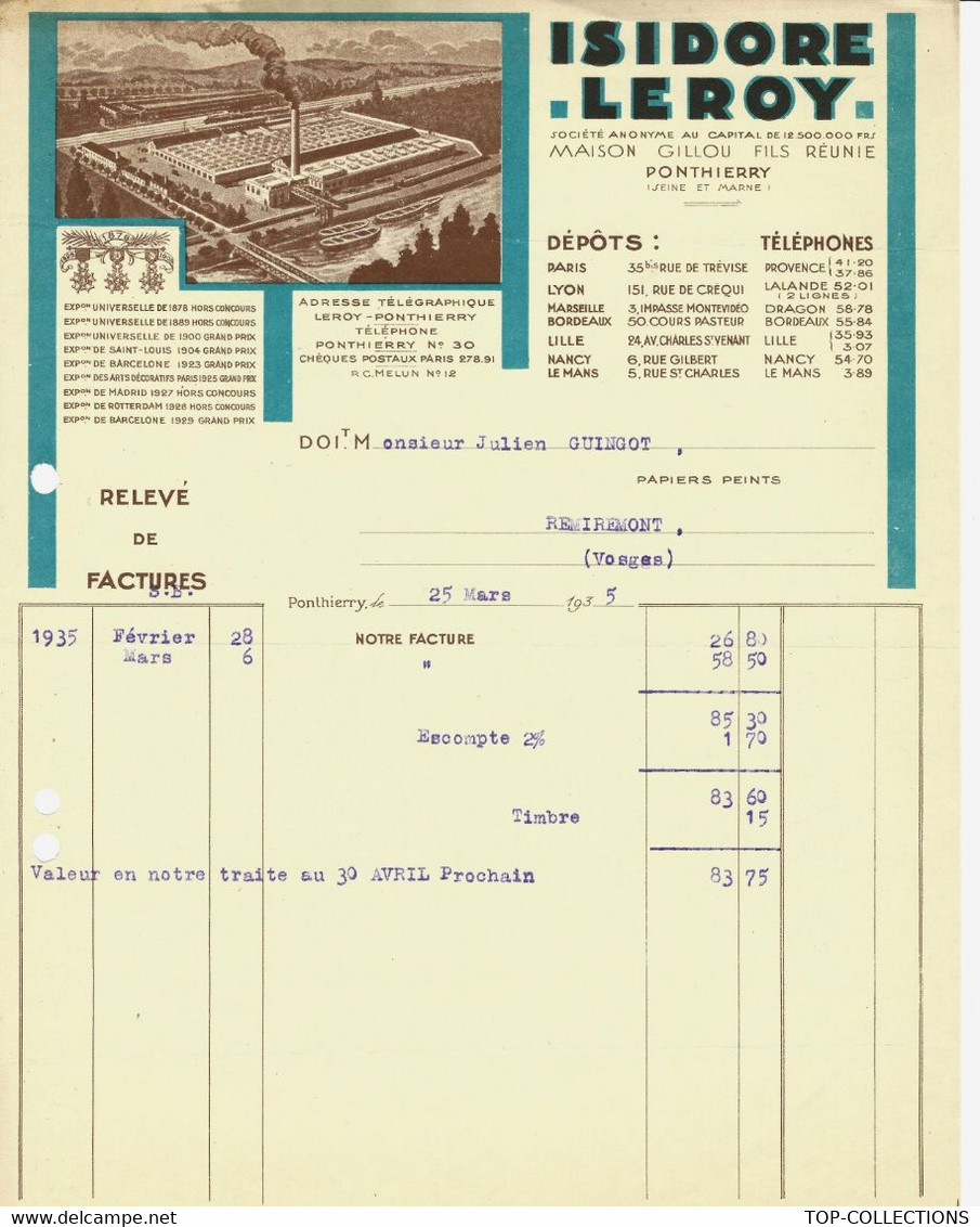 1935  ISIDORE LEROY St Fargeau  Ponthierry Seine Et Marne FABRICANTS  PAPIERS PEINTS =>GUINGOT Remiremont Vosges V. HIST - 1900 – 1949