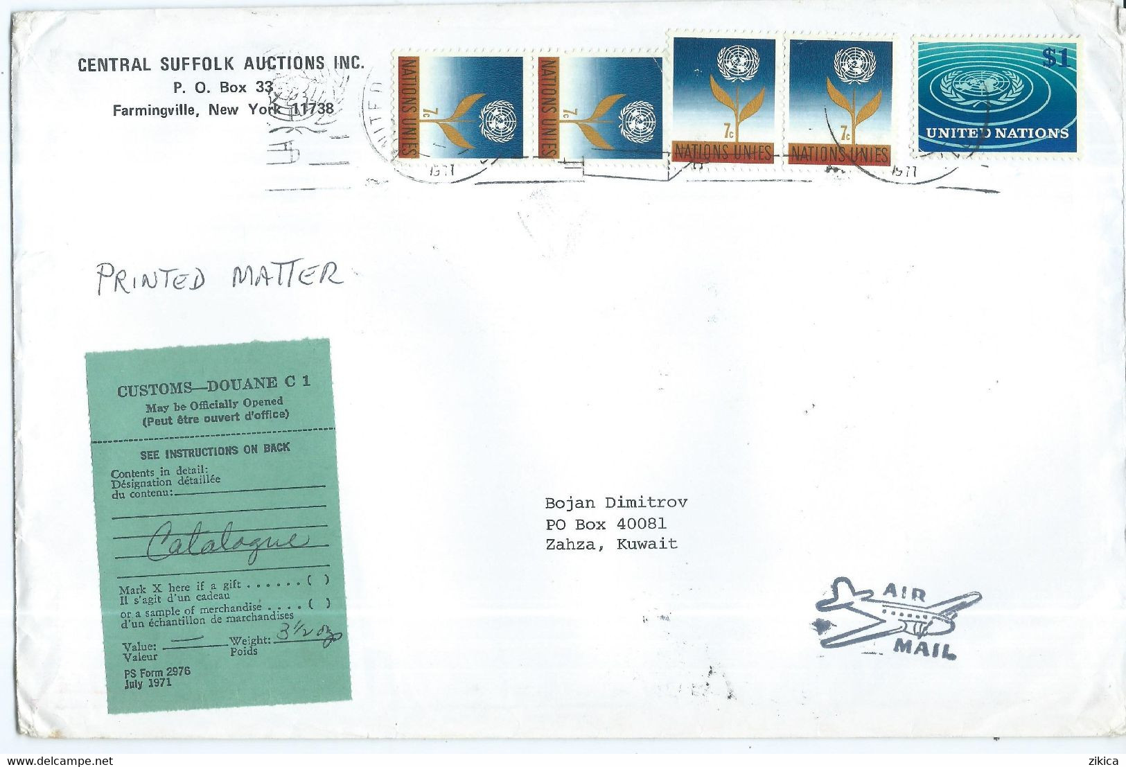 BIG COVER - United Nations > New York – UN Headquarters Via Kuwait.1977,CUSTOMS Label,stamps 1961 & 1966 - Covers & Documents