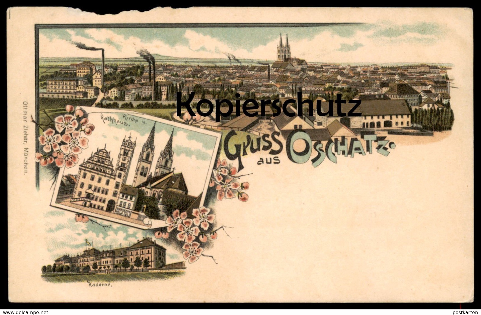 ALTE LITHO POSTKARTE GRUSS AUS OSCHATZ PANORAMA KIRCHE UND RATHHAUS KASERNE Rathaus Ansichtskarte AK Cpa Postcard - Oschatz