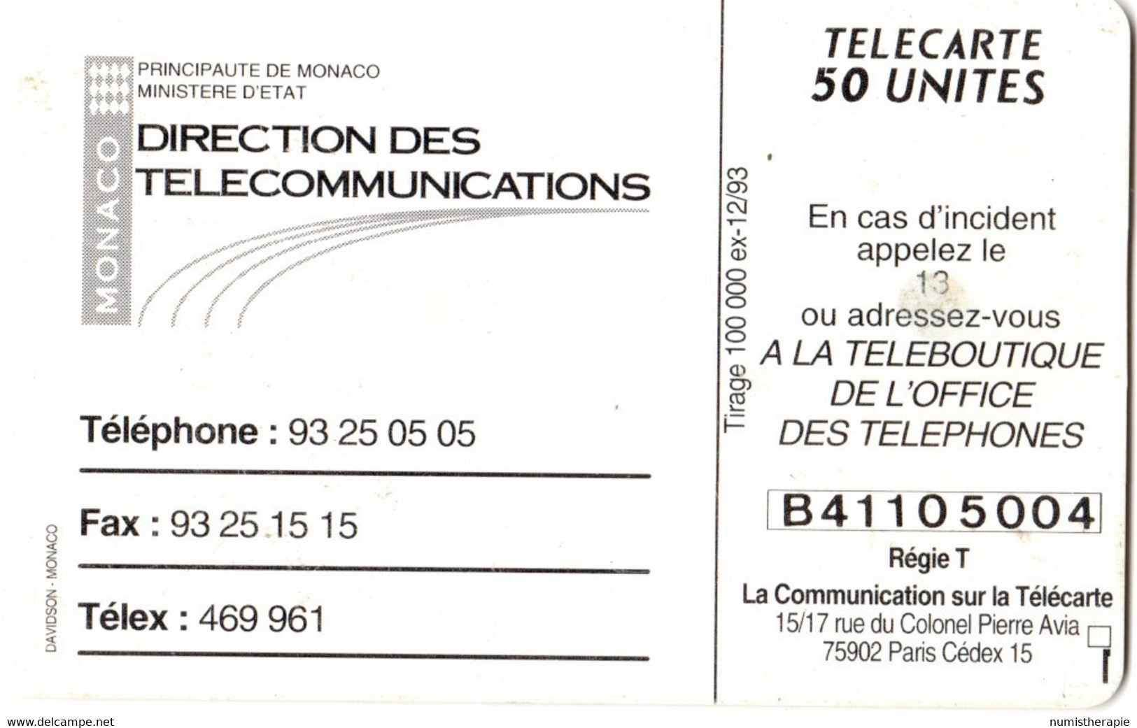 Monaco : Direction Des Télécommunications : Tirage 100.000 Ex 12/1993 - Mónaco