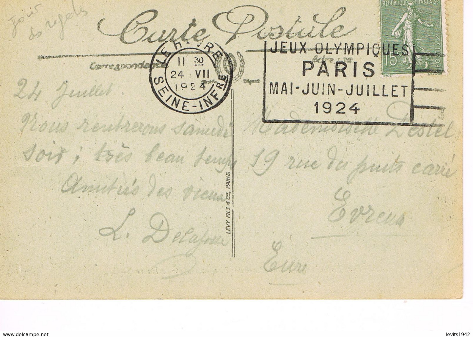 JEUX OLYMPIQUES 1924 -  MARQUE POSTALE - YACHTING AU HAVRE - JOUR DE COMPETITION - 24-07 - - Summer 1924: Paris