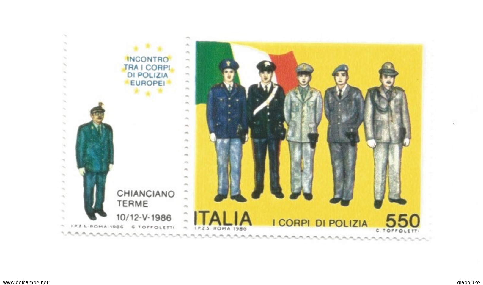 (REPUBBLICA ITALIANA) 1986, INCONTRO DEI CORPI DI POLIZIA EUROPEI - 2 Francobolli Nuovi Con Appendice, MNH* - 1981-90: Mint/hinged