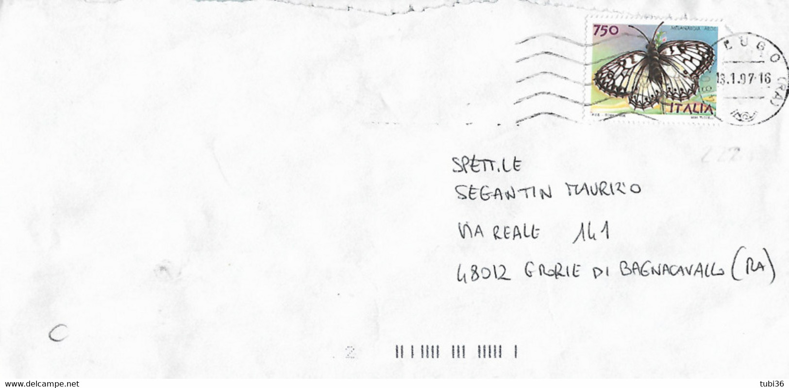 STORIA POSTALE, FARFALLE MELANARGIA , L.750,S 2229, ISOLATO IN TARIFFA LETTERA 1` PORTO, VIAGGIATA 1997- POSTE LUGO (RA) - 1991-00: Storia Postale