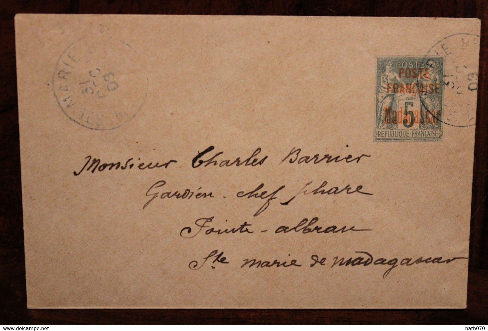 1903 Ste Marie Madagascar France Pour Gardien Chef Phare Pointe Albran Surcharge Poste Française Cover Entier Groupe - Storia Postale