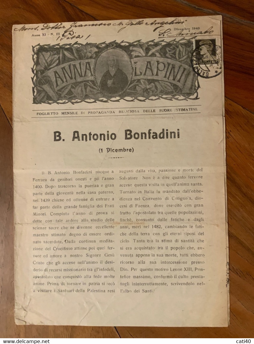 RELIGIONE - SUORE STIMATINE - ANNA LAPINI FOGLIETTO MENSILE - B.ANTONIO BONFADINI - GALLUZZO 1941 - Moda