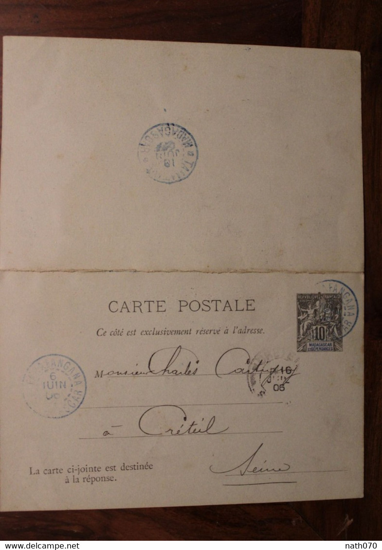 1906 Farafangana Madagascar France Cover Entier Groupe Carte Réponse - Lettres & Documents