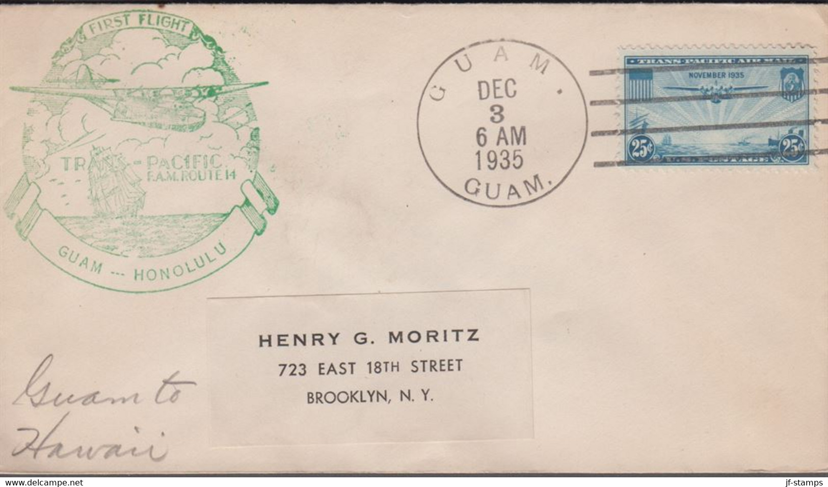 1935. USA FIRST FLIGHT  GUAM To HONOLULU Cancelled GUAM GUAM DEC 3 1935. Arrival Cancelled HO... (Michel 380) - JF365799 - Hawaii