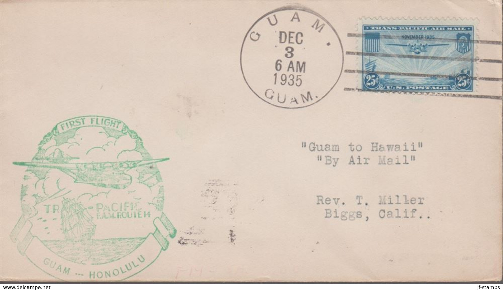 1935. USA FIRST FLIGHT  GUAM To HONOLULU Cancelled GUAM GUAM DEC 3 1935. Arrival Cancelled HO... (Michel 380) - JF365800 - Hawaii