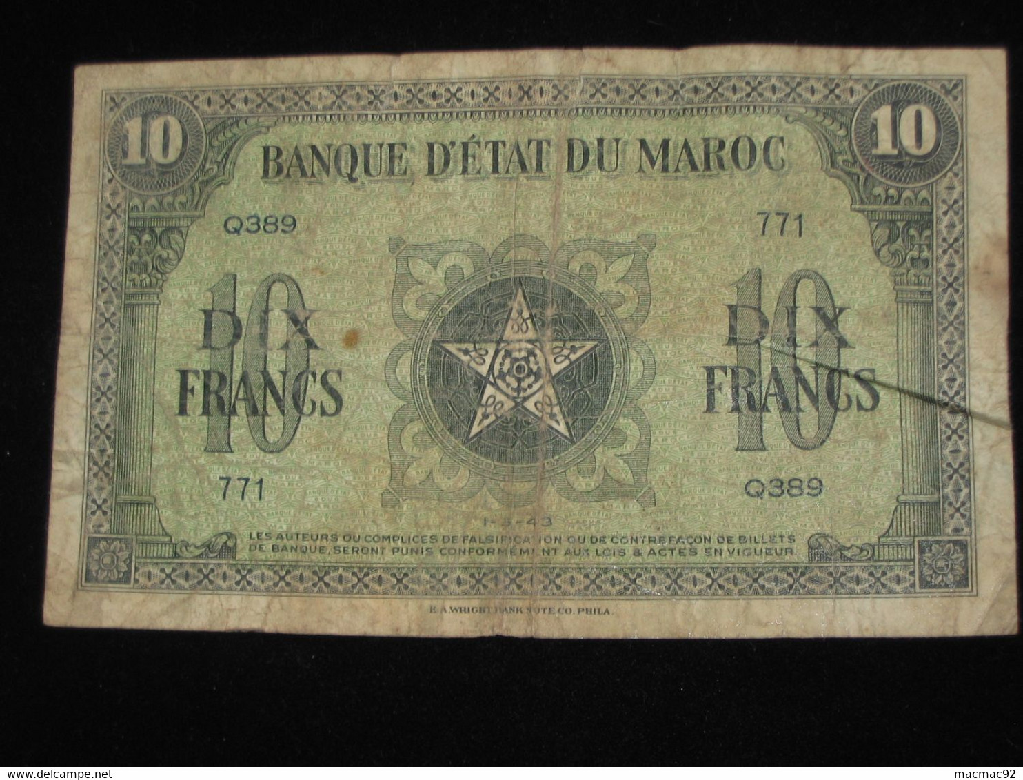 MAROC - 10 Dix Francs 1943 - Banque D'état Du Maroc   **** EN ACHAT IMMEDIAT **** - Marocco