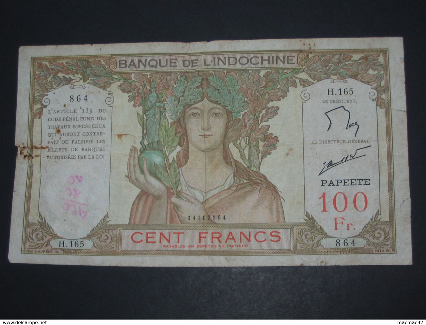 PAPEETE - 100 Francs - Banque De L'Indochine   **** EN ACHAT IMMEDIAT **** - Papeete (Polynésie Française 1914-1985)