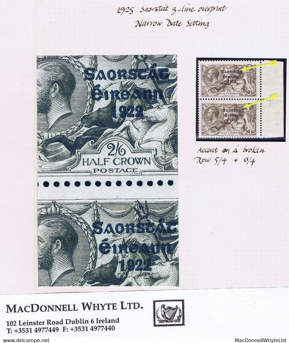 Ireland 1925 Narrow Date Saorstat Ovpt On Seahorse 2s 6d Brown Margnal Pair Broken Accent - Ungebraucht