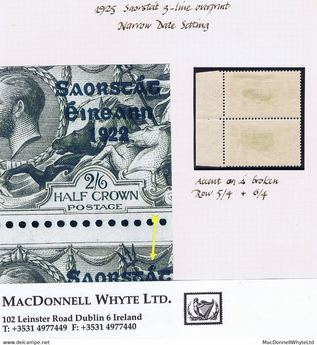 Ireland 1925 Narrow Date Saorstat Ovpt On Seahorse 2s 6d Brown Margnal Pair Broken Accent - Ungebraucht