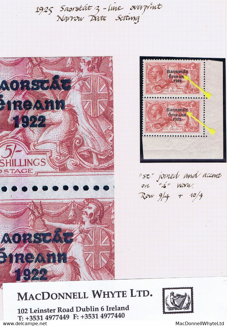 Ireland 1925 Narrow Date Saorstat Ovpt On Seahorse 5s Corner Pair Worn Accent Mint Hr - Ungebraucht