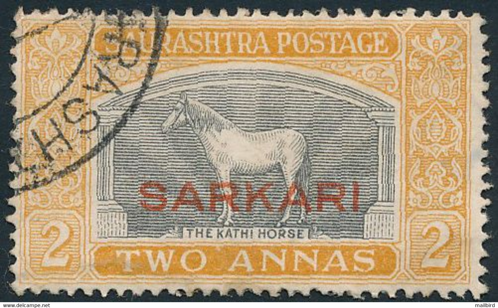 India Stati - Sovrastampa Sarkari - Saurashtra Usato - The Kathi Horse - Corse - Cavalli-  2 ANNAS - Soruth