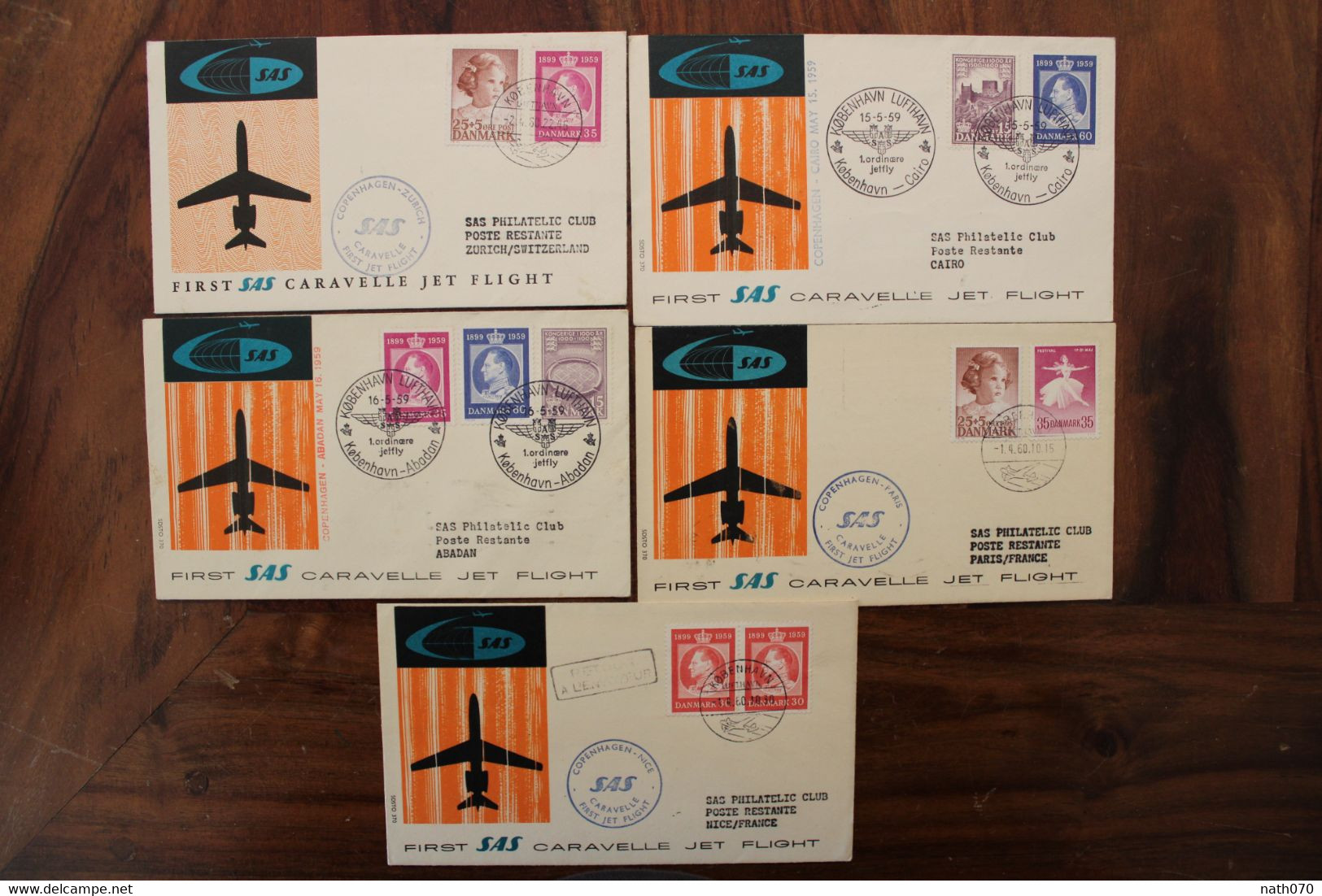 1959's Danmark Danemark Lot 5 Cover First Flight Jet Caravelle SAS Poste Aerienne Air Mail - Aéreo