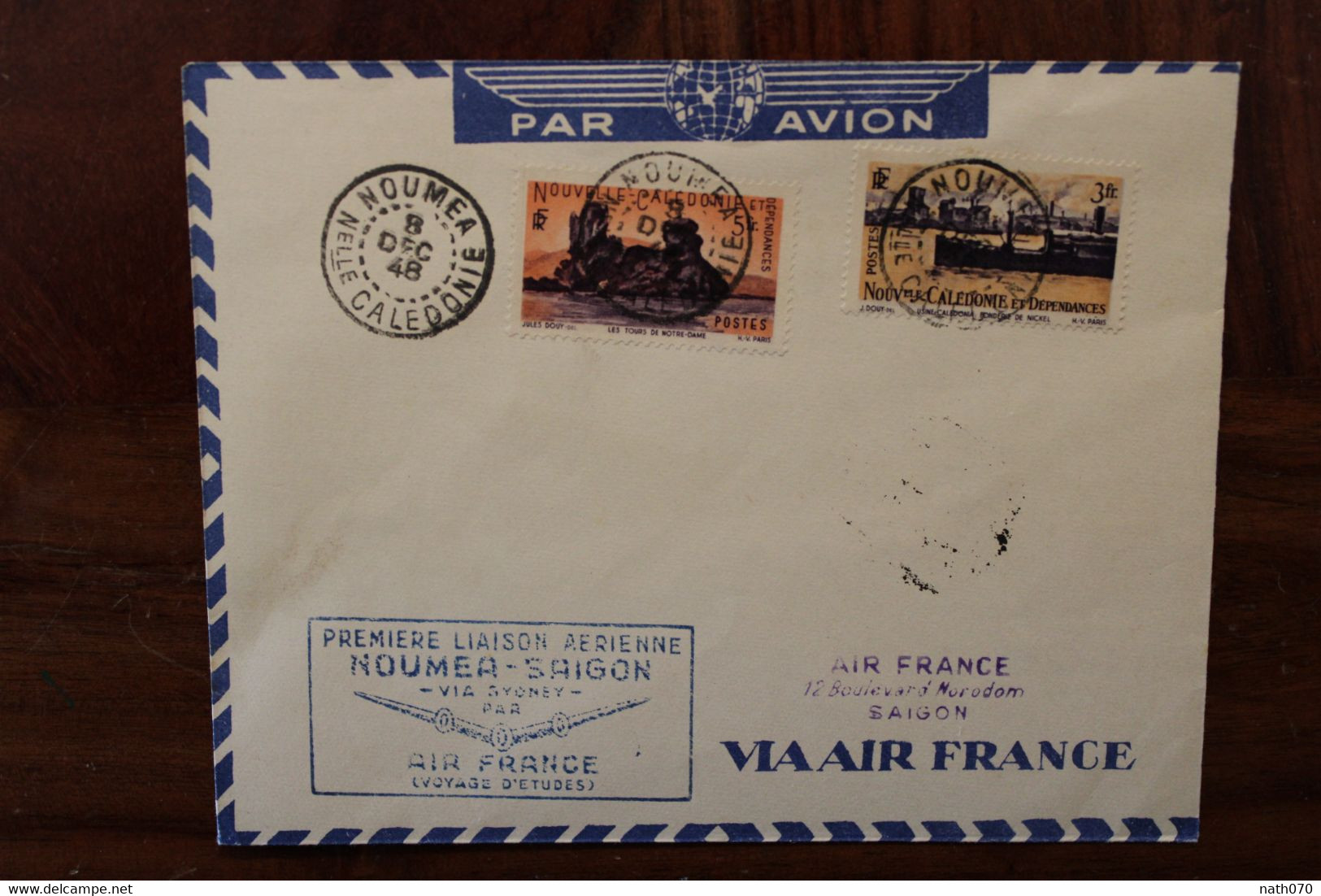 1947 Nouvelle Calédonie Indochine Nouméa Saigon France Cover Air Mail 1st Flight New Caledonia Indo China - Altri & Non Classificati