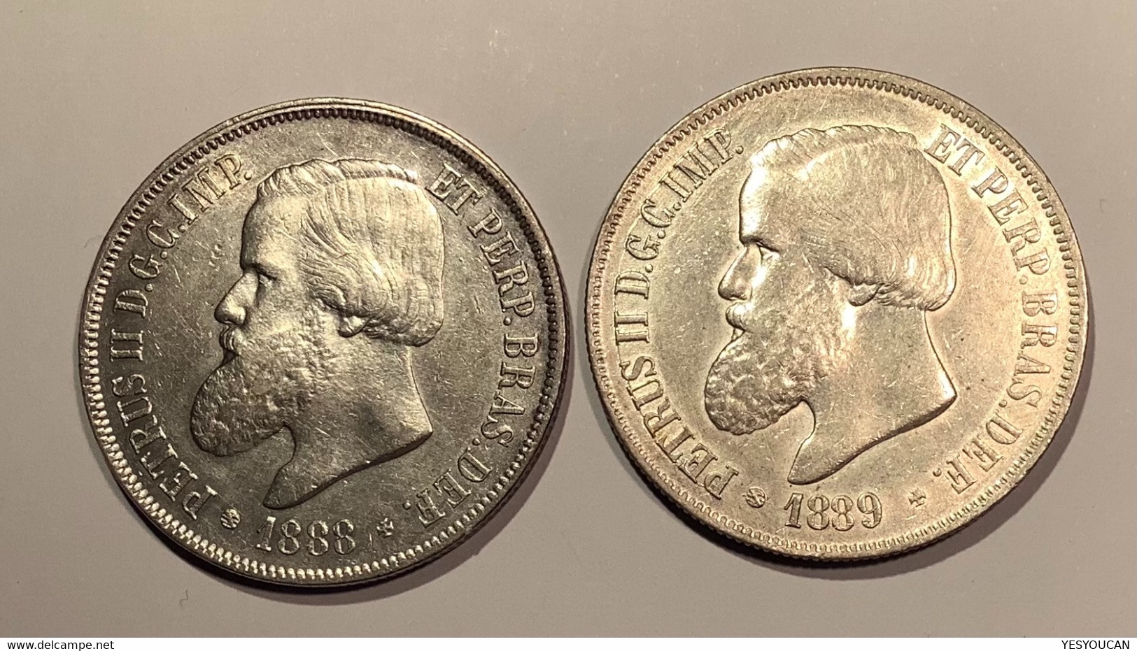 Brazil 1888 + 1889 2000 Reis Silver Coin Of Petrus II, AU Condition (Brésil Empire Monnaie D‘ Argent SUP, Crown - Brazilië