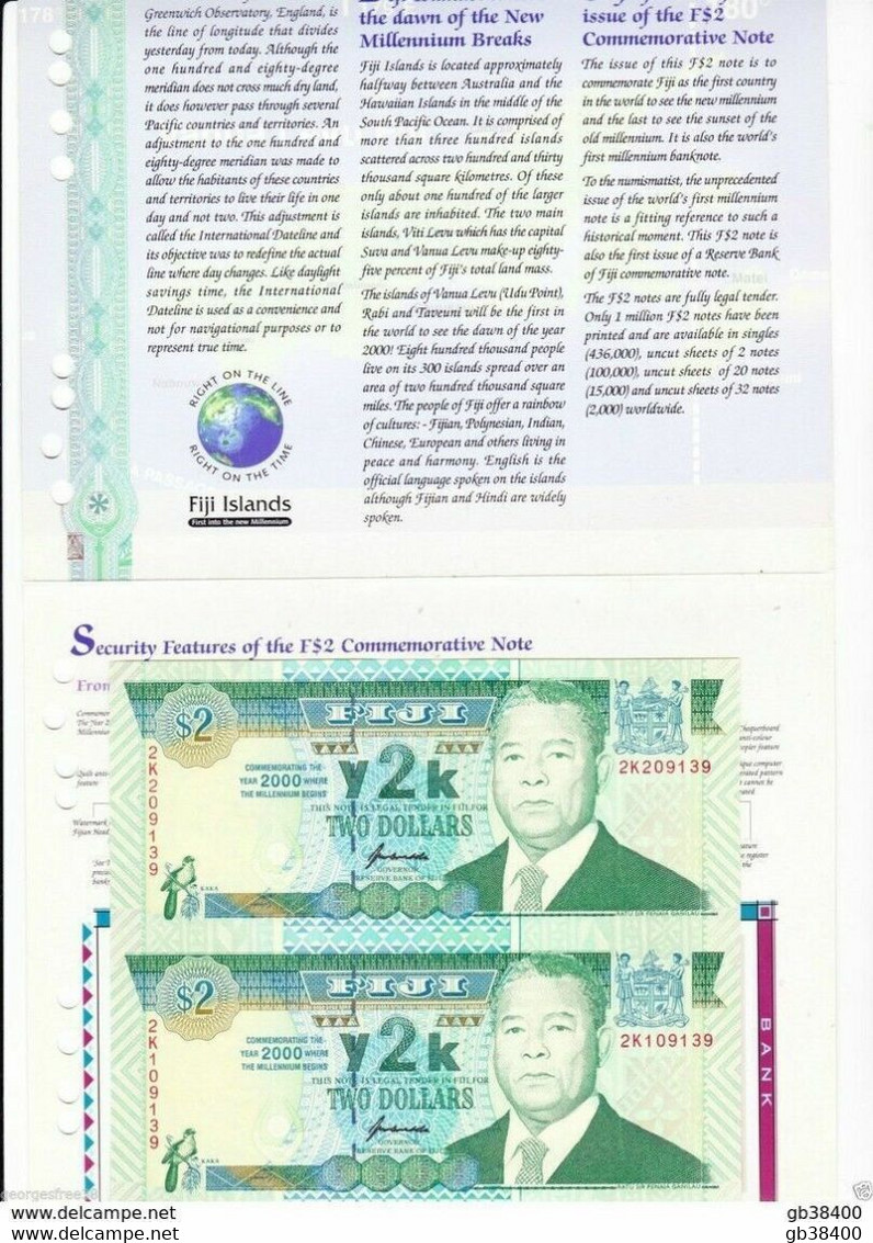 FIJI  2 Billets 2 Dollars 2000 P102 NON COUPE COMMEMORATIVE UNC NEUF - Fidschi
