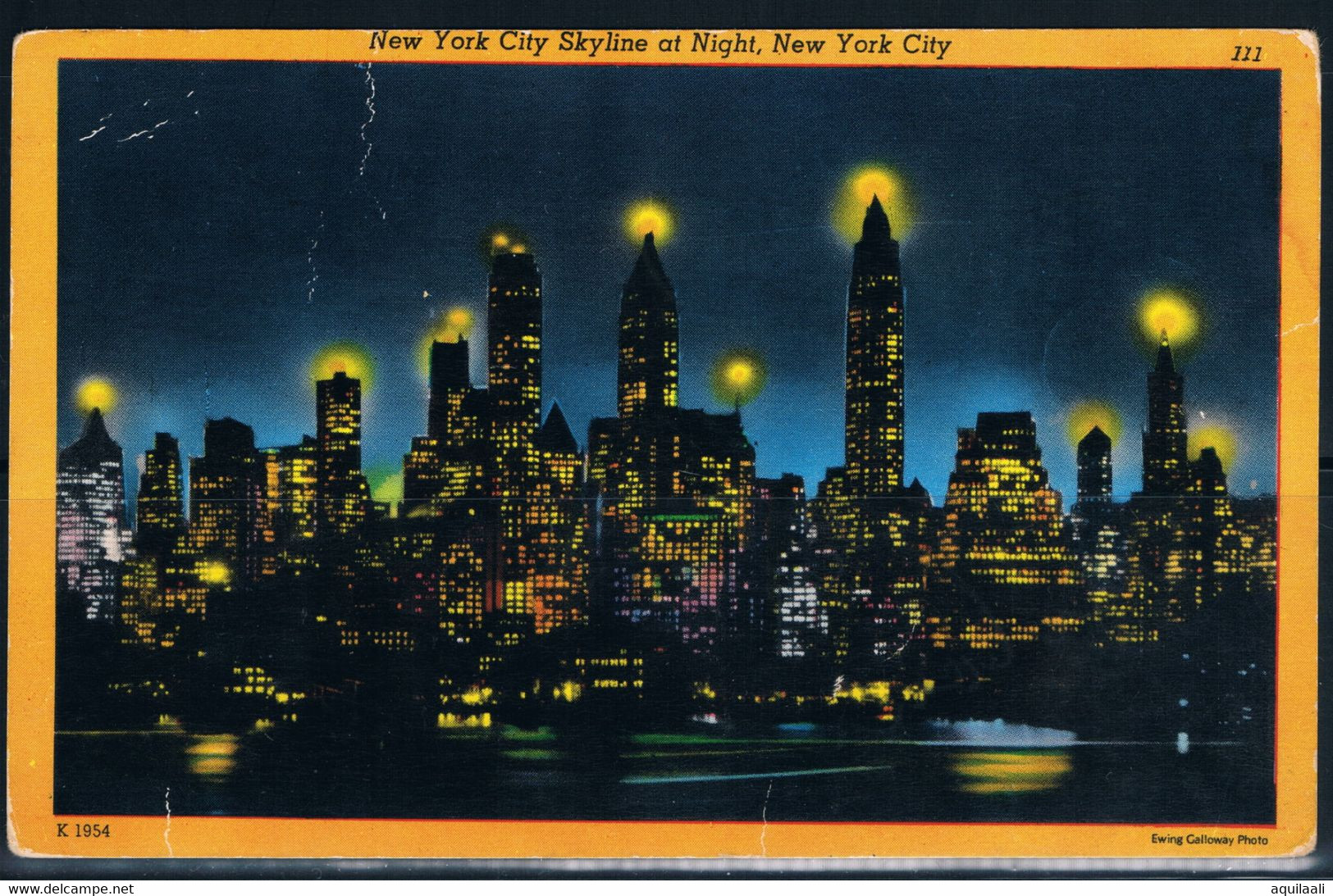 New York City, Manhattan Skyline By Night. 1951 Postcard. - Empire State Building