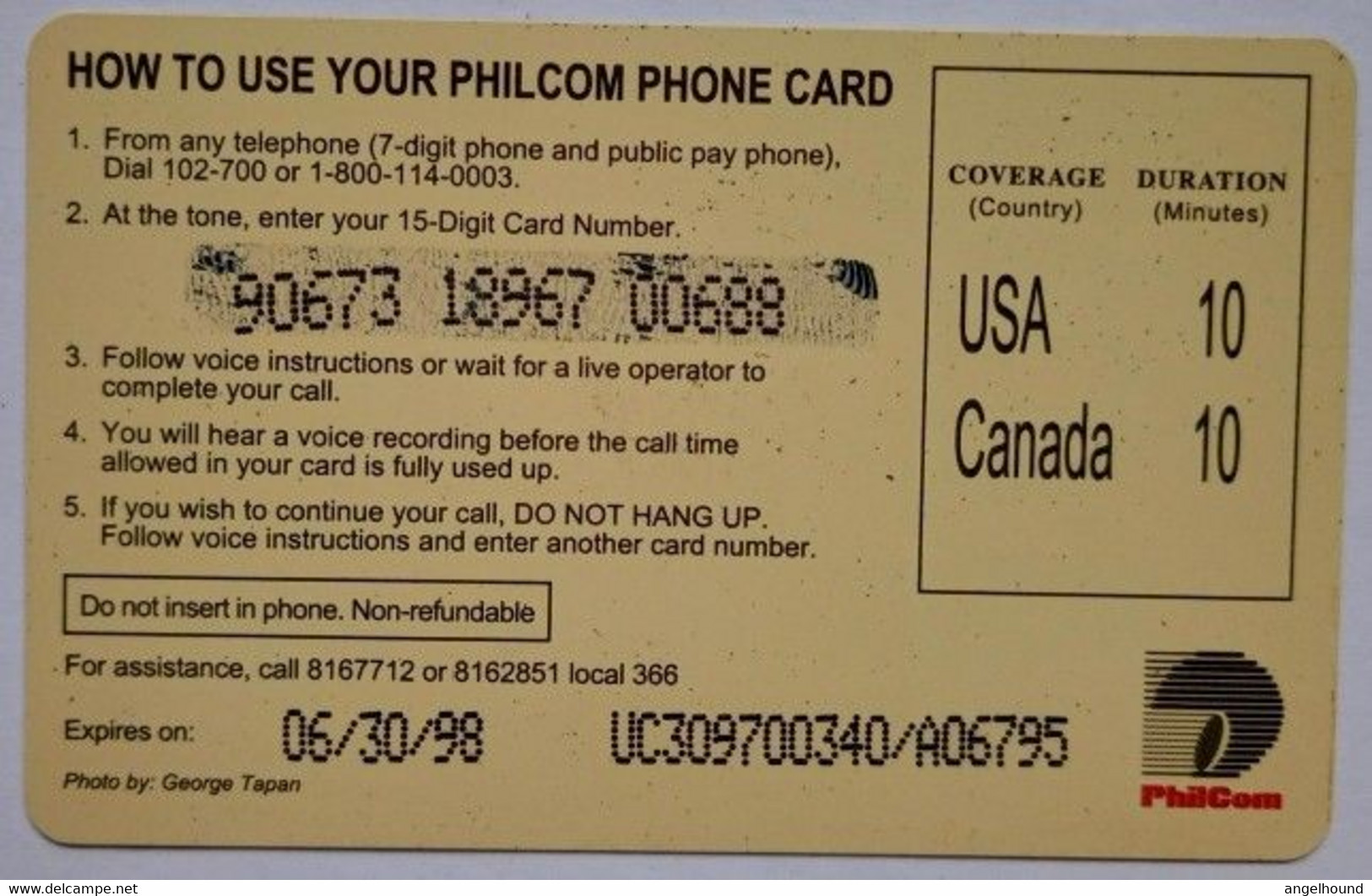 Philippines Philcom International Phonecard 40 Units " Boracay " - Filippijnen