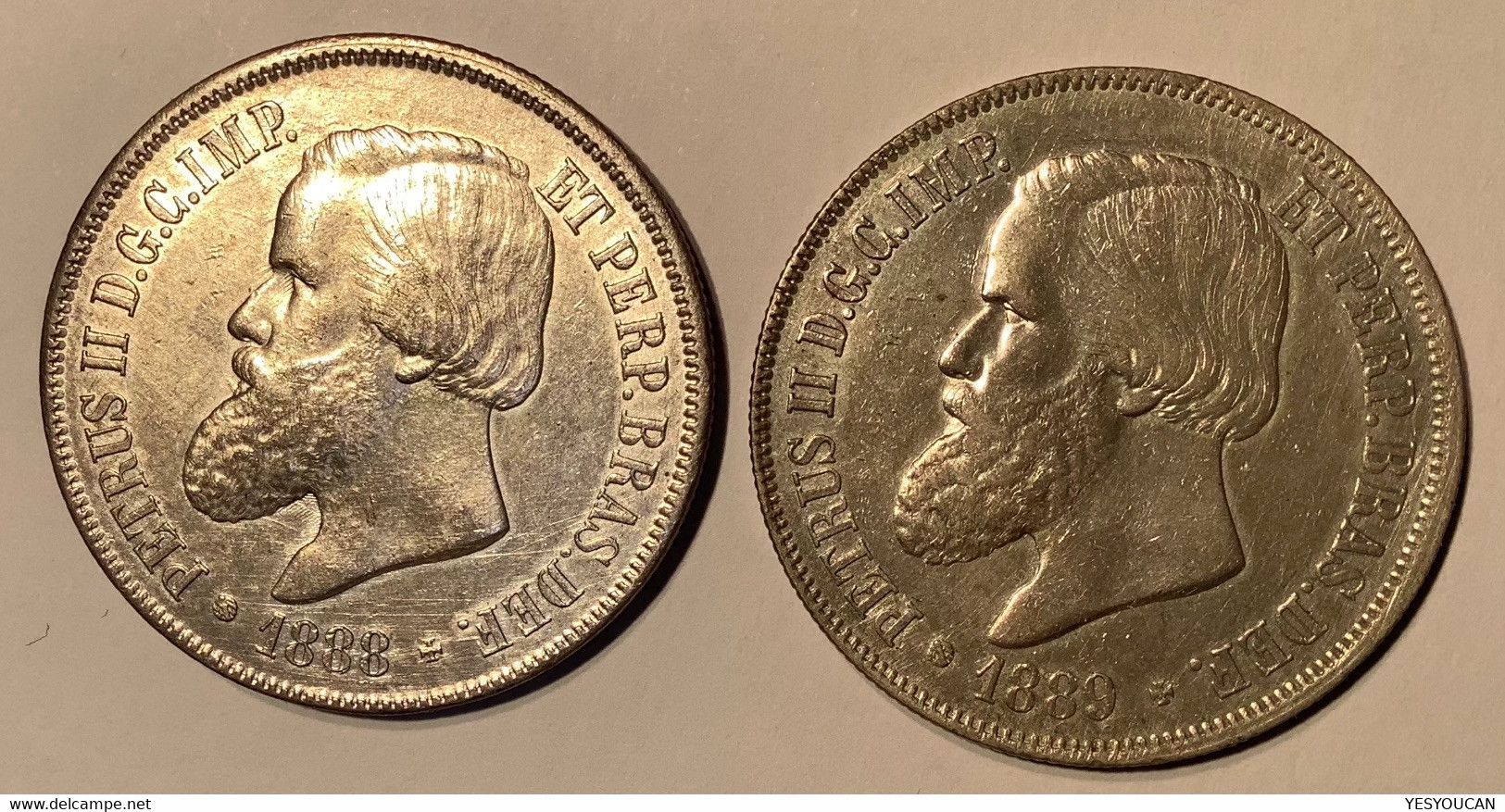 Brazil 1888 + 1889 2000 Reis Silver Coin Of Petrus II, AU Condition (Brésil Empire Monnaie D‘ Argent SUP, Crown - Brazilië