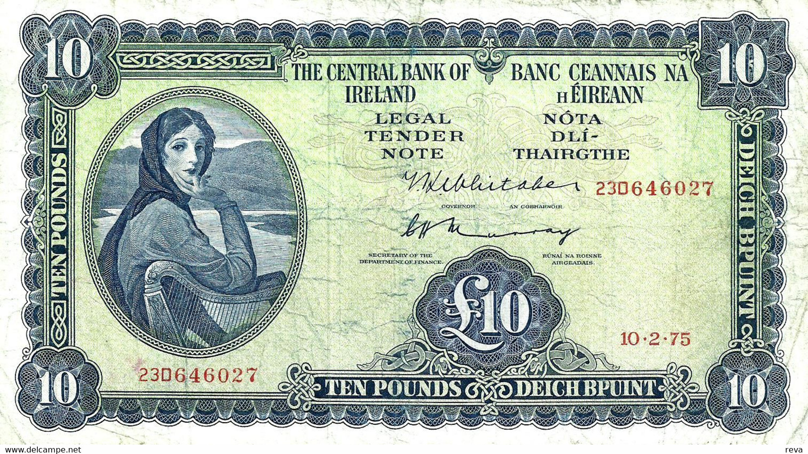 IRELAND 10 POUNDS BLUE WOMAN FRONT MAN HEAD BACK DATED 10-02-1975 P.66c VF+ READ DESCRIPTION ! - Ierland