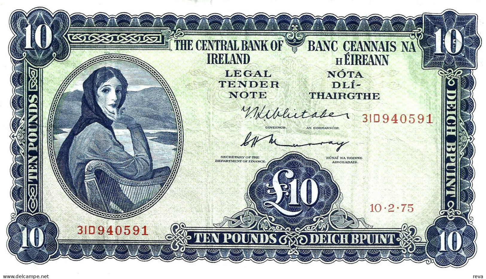 IRELAND 10 POUNDS BLUE WOMAN FRONT MAN HEAD BACK DATED 10-02-1975 P.66c VF+ READ DESCRIPTION ! - Ierland