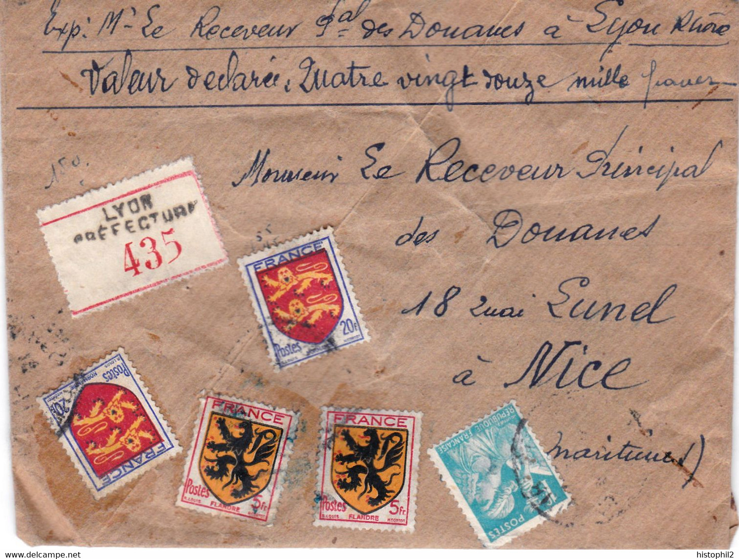 Valeur Déclarée 92000 F Lettre 1944 Affranchie 51 F Receveur Principal Douanes Lyon Pr Son Homologue à Nice Cachets Cire - Postal Rates