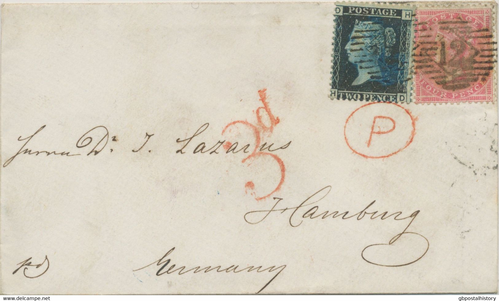 GB 1859, QV 4d Rose-carmin Together With 2d Blue Pl.8 (HD) With LONDON Numeral "12" On Very Fine Cover To HAMBURG - Covers & Documents