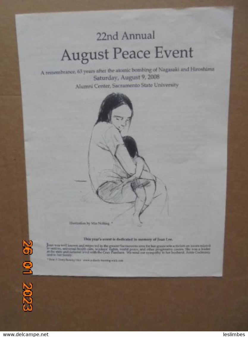 22nd Annual August Peace Event : A Remembrance, 63 Years After The Atomic Bombing Of Nagasaki And Hiroshima - Programme