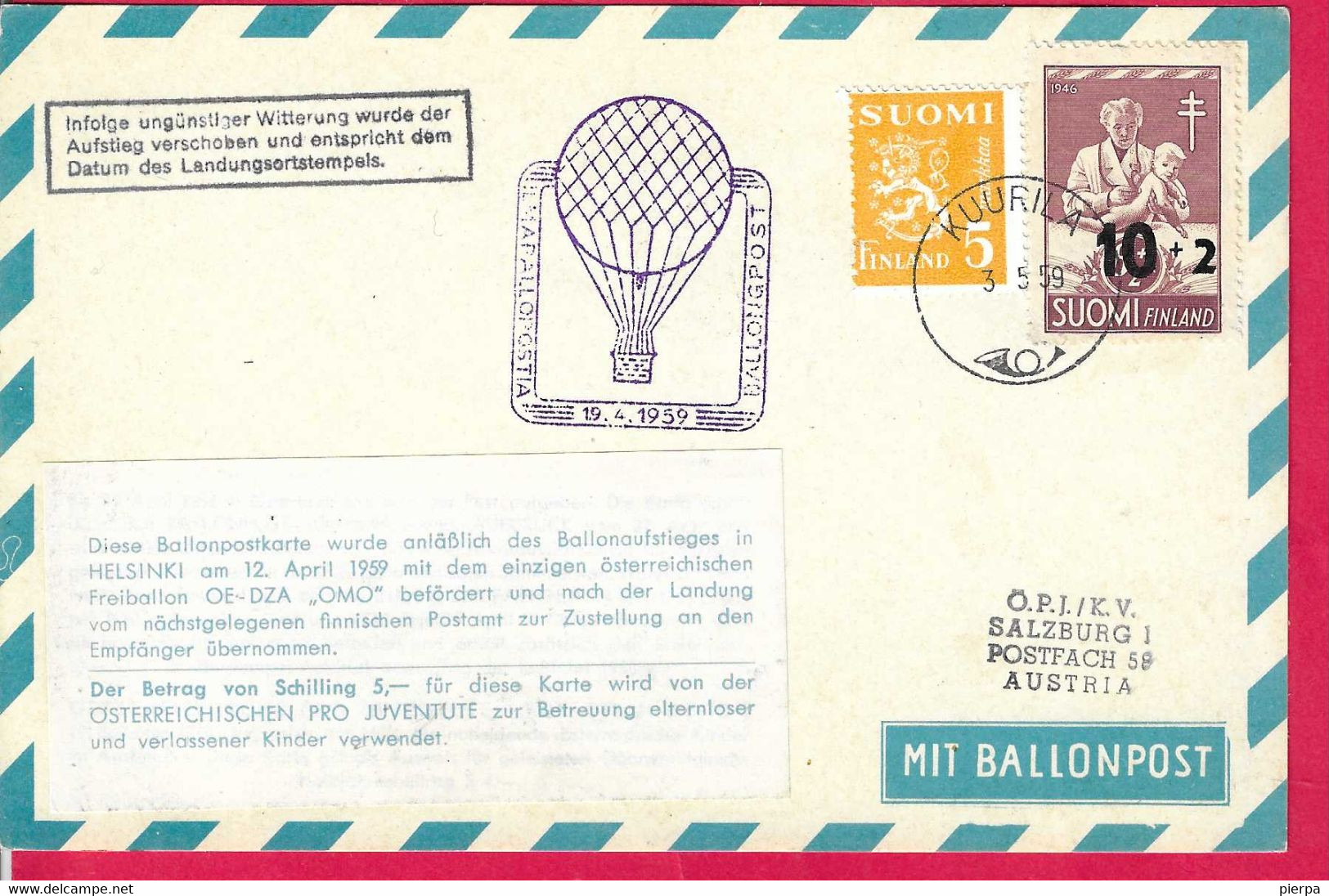 FINLAND - BALLONPOST*19.4.1959* SU CARTOLINA - Covers & Documents