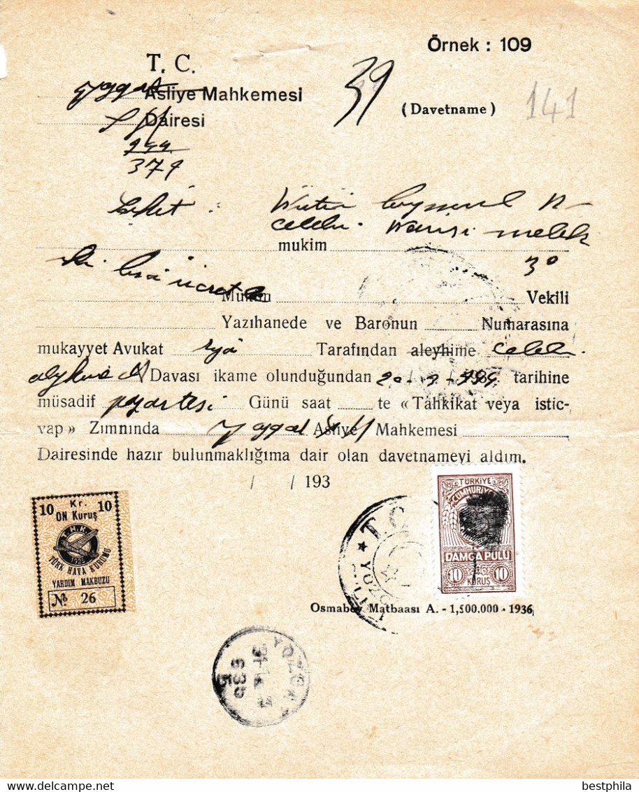 Turkey & Ottoman Empire - Turkish Air Agency Aid Stamp & Rare Document With Stamps - 141 - Brieven En Documenten